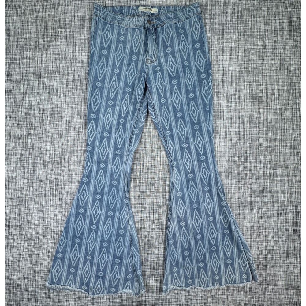 Rock & Roll Denim Women's Bargain Button Bell Jeans 31x34 Blue Tribal Flare